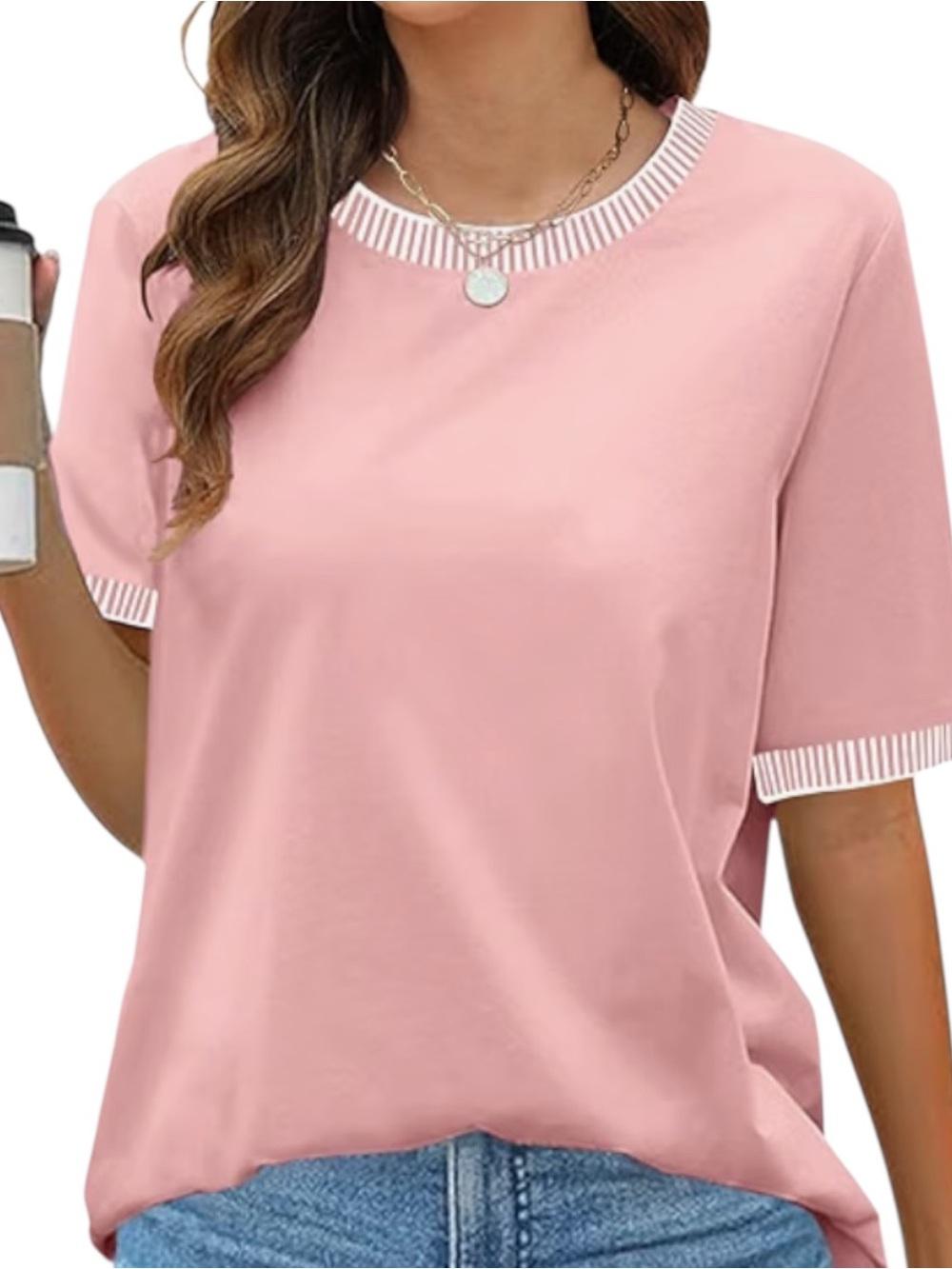 Merokeety Light Pink Loose Fit Short Sleeve Boatneck Top Striped Neck Sleeve